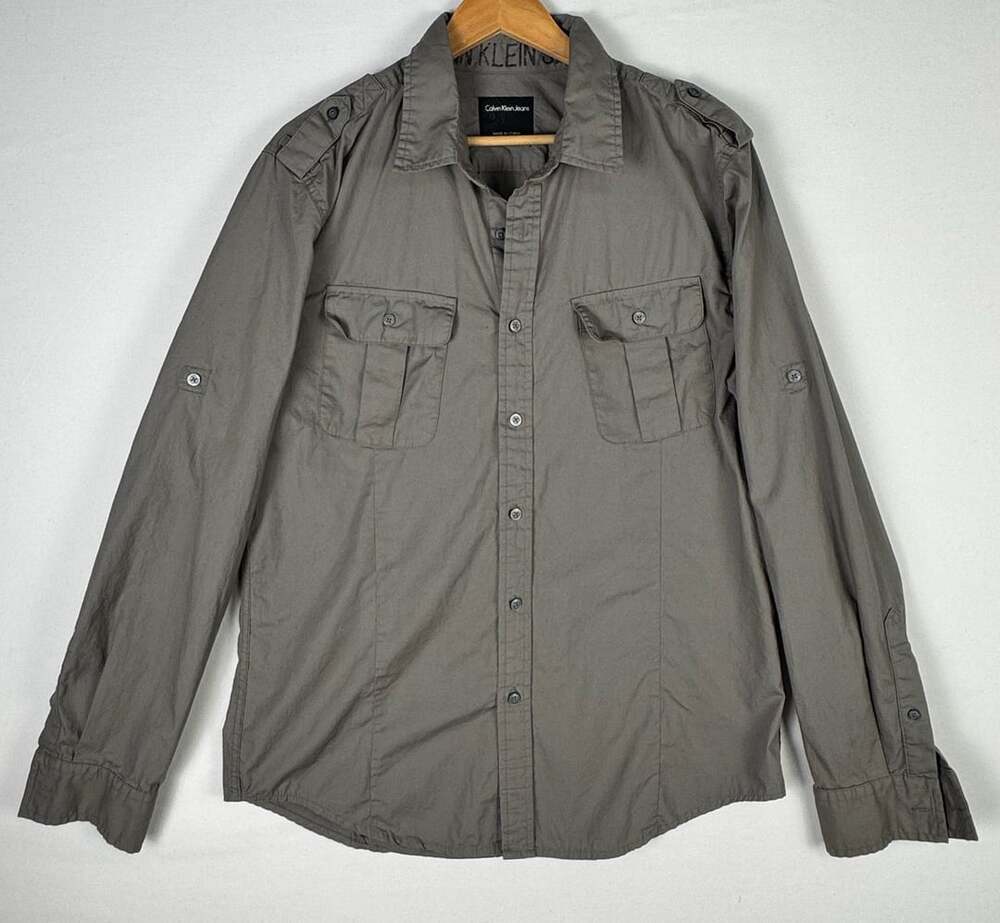 Calvin Klein Jeans Military Utility Shirt Size L Gray Cotton Long Sleeve